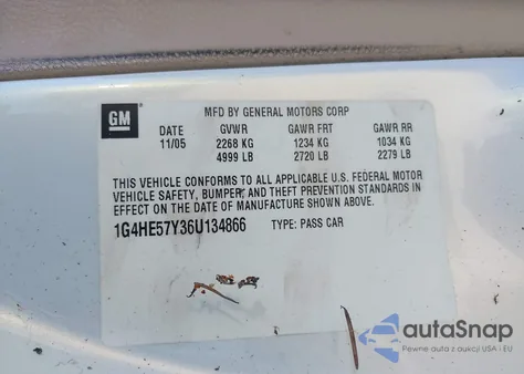 2006 Buick Lucerne Cxs z USA, uszkodzony, nr VIN 1G4HE57Y36U134866